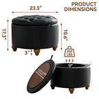 HASLE 24Inch Round Storage Ottoman with Tray, Modern Tufted Leather Circle Coffee Table with Storage, Upholstered Ottoman with Removable Top for Living Room, Bedroom, Leather Black