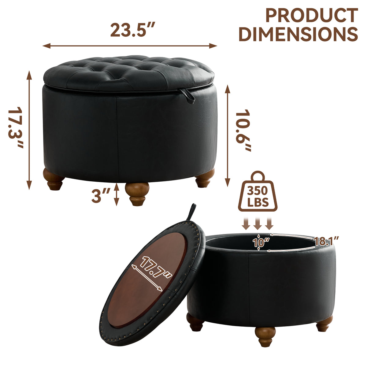 HASLE 24Inch Round Storage Ottoman with Tray, Modern Tufted Leather Circle Coffee Table with Storage, Upholstered Ottoman with Removable Top for Living Room, Bedroom, Leather Black