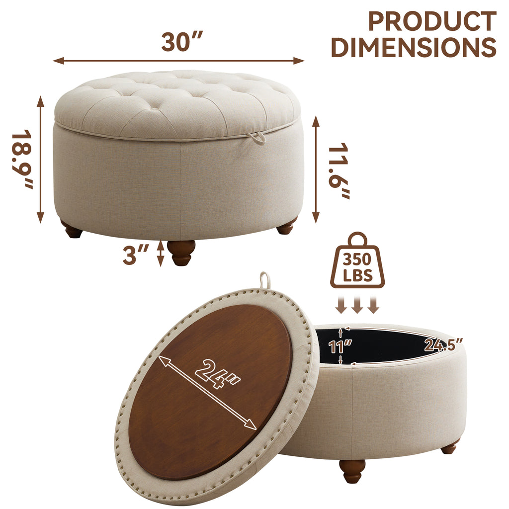 30'' Round Ottoman with Storage, Modern Tufted Storage Ottoman with Removable Top for Living Room, Bedroom, Khaki