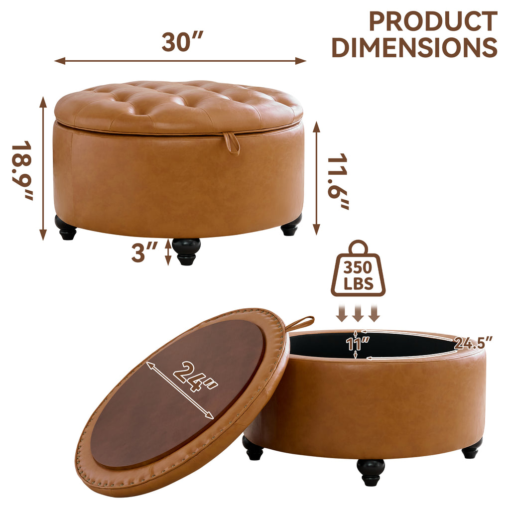 HASLE 30Inch Round Storage Ottoman with Tray, Modern Tufted Leather Circle Coffee Table with Storage, Upholstered Ottoman with Removable Top for Living Room, Bedroom, Leather Brown