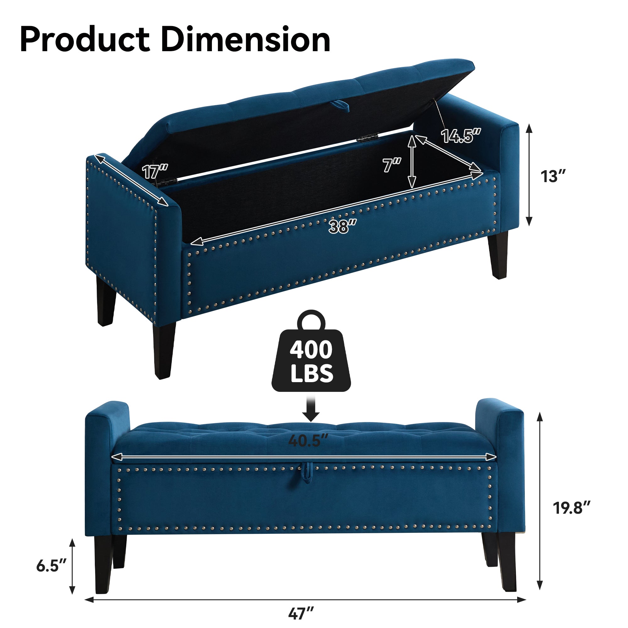 47" Velvet Storage Bench，Blue