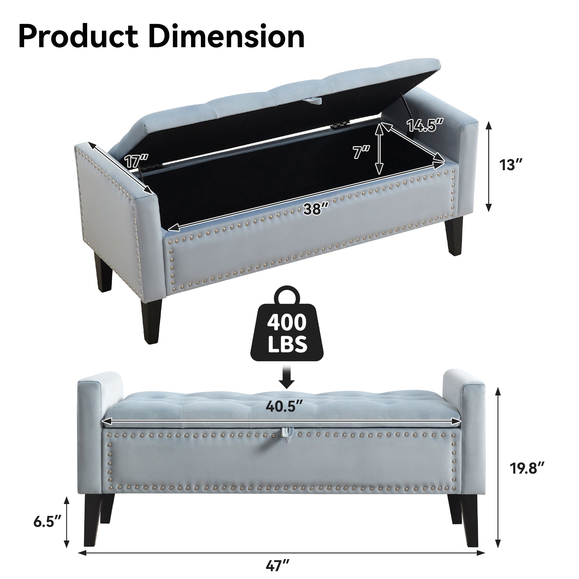 47" Velvet Storage Bench，Blue Grey