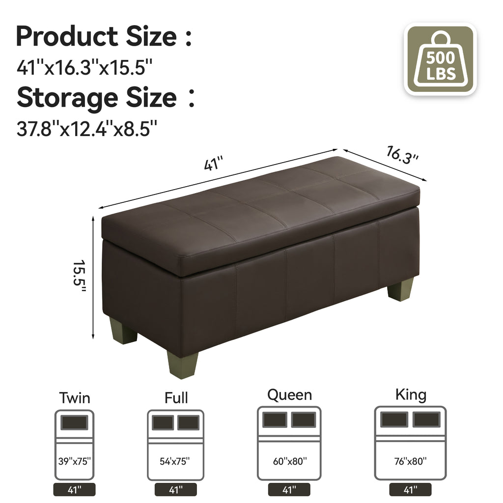 Faux Leather Storage Ottoman Bench, Rectangle Upholstered Storage Bench with Wooden Legs, Stitch Tufted Bench with Storage for Bedroom, Living Room, Entryway