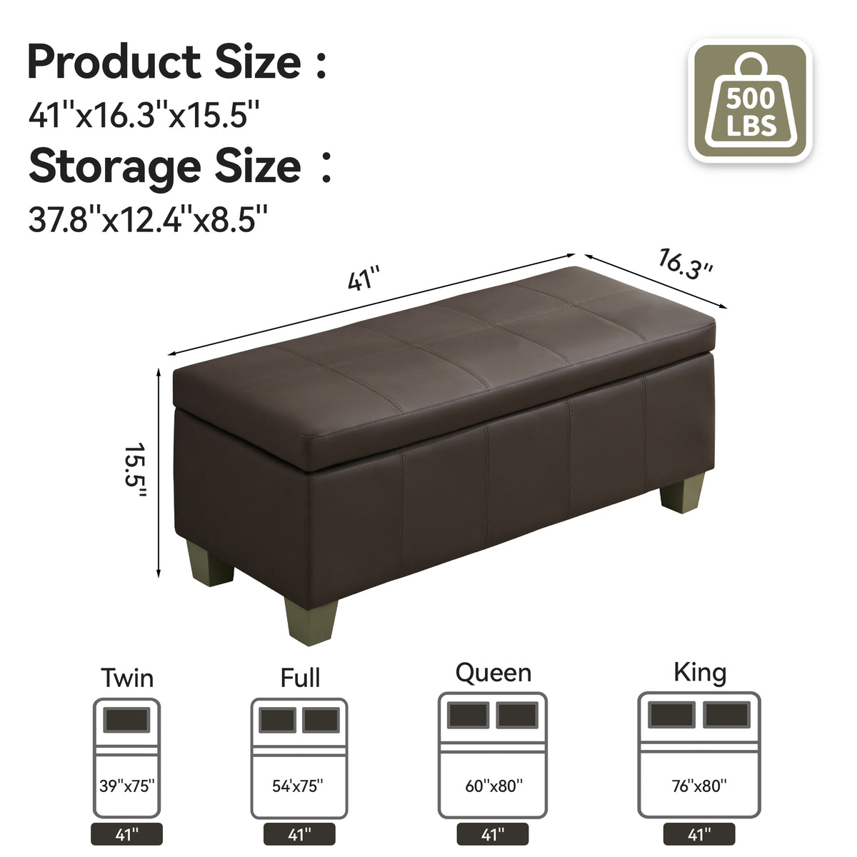 Faux Leather Storage Ottoman Bench, Rectangle Upholstered Storage Bench with Wooden Legs, Stitch Tufted Bench with Storage for Bedroom, Living Room, Entryway