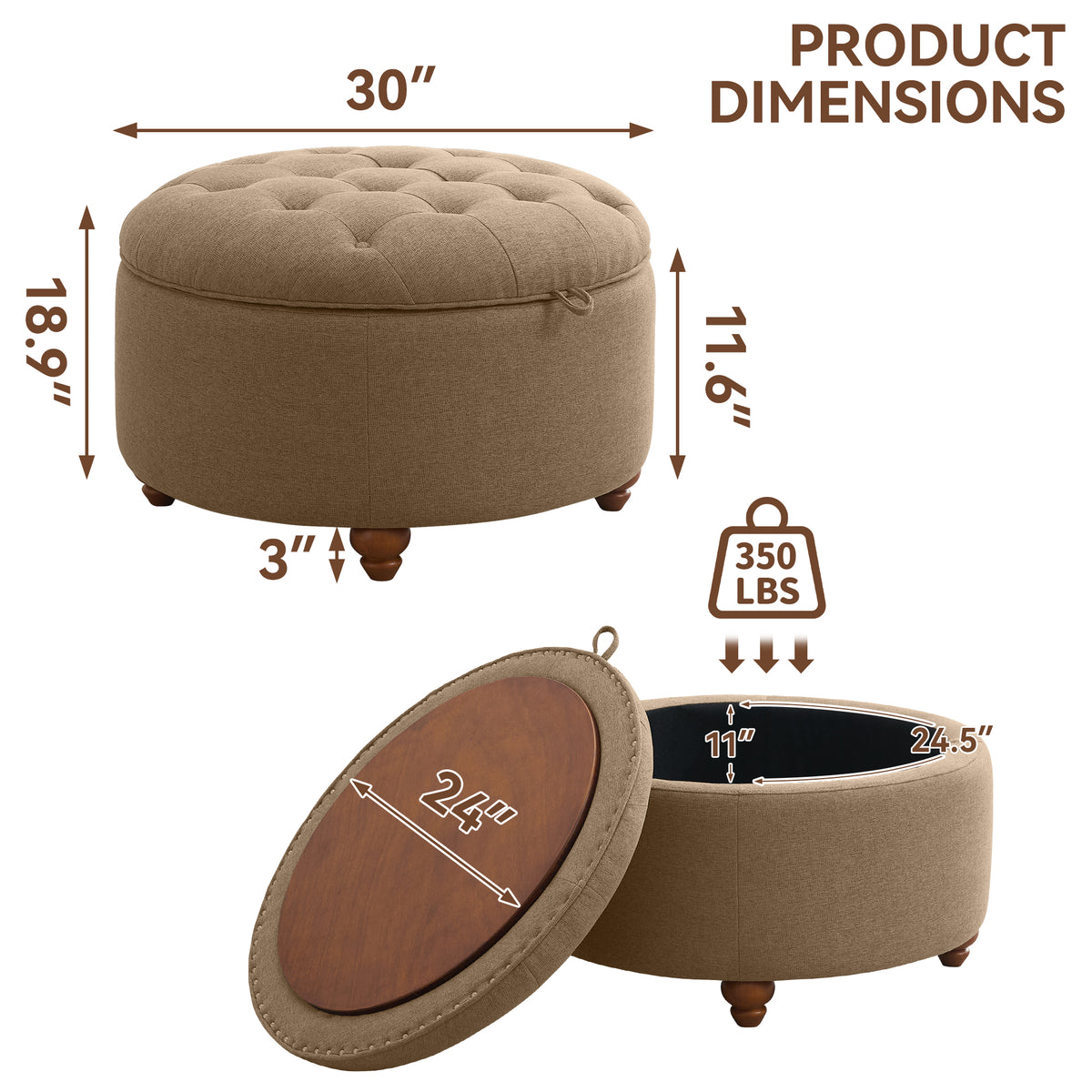 30'' Round Ottoman with Storage, Modern Tufted Fabric Storage Ottoman with Removable Wooden Top for Living Room, Bedroom, Brown