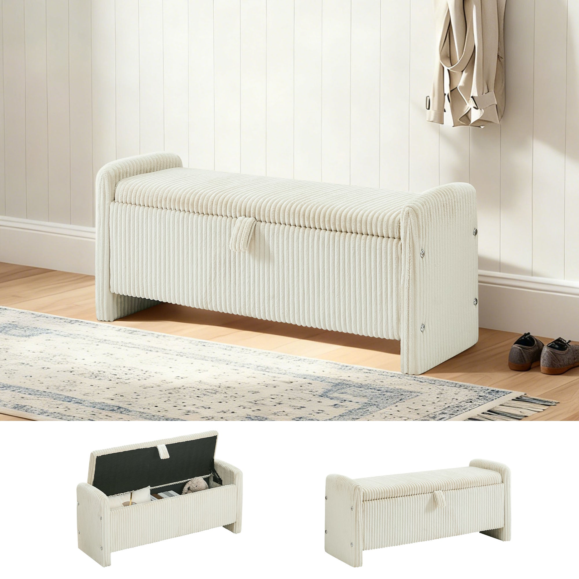 44'' Corduroy Storage Ottoman Bench, Beige