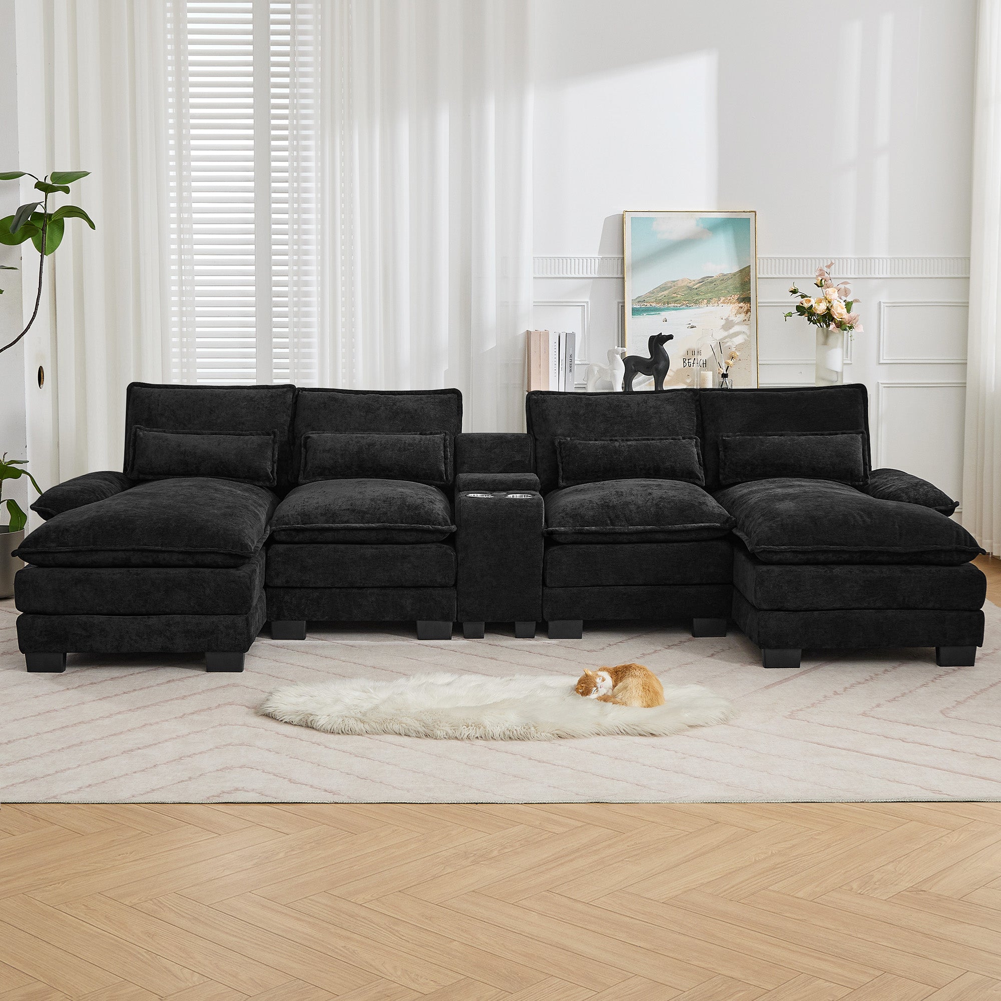 U Shaped Cloud Modular Sofa with Chaise Lounges，Black