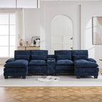 125'' U Shaped Cloud Modular Sectional Sofa with Chaise Lounges, Chenille Upholstered Comfy Couch with Storage Console, USB Charging Ports & Cup Holders, Modern Deep Seat Sofa for Living Room