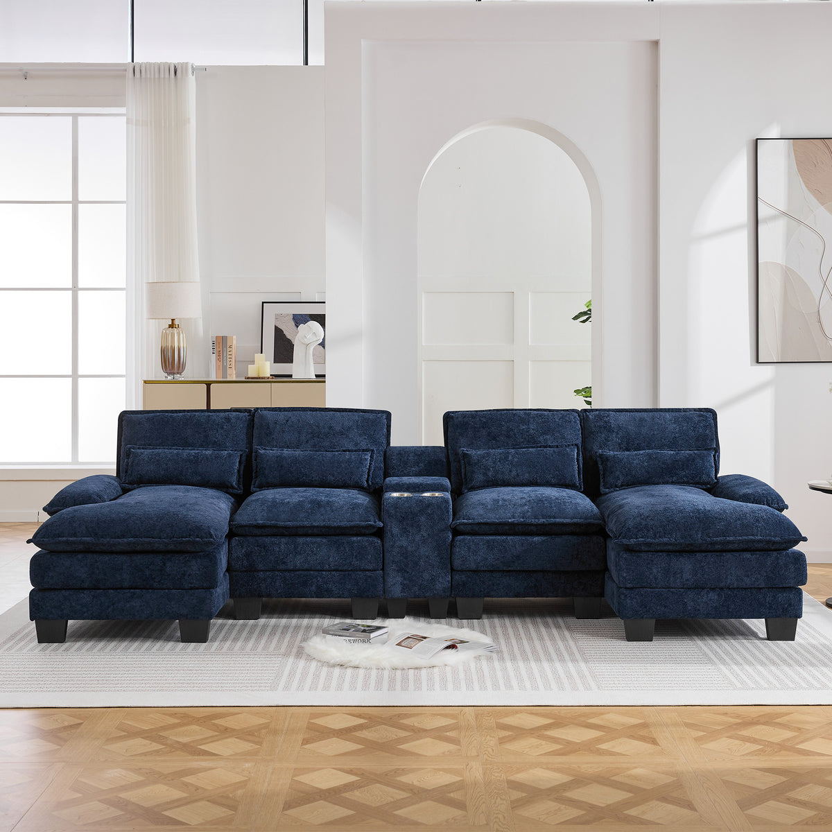 125'' U Shaped Cloud Modular Sectional Sofa with Chaise Lounges, Chenille Upholstered Comfy Couch with Storage Console, USB Charging Ports & Cup Holders, Modern Deep Seat Sofa for Living Room