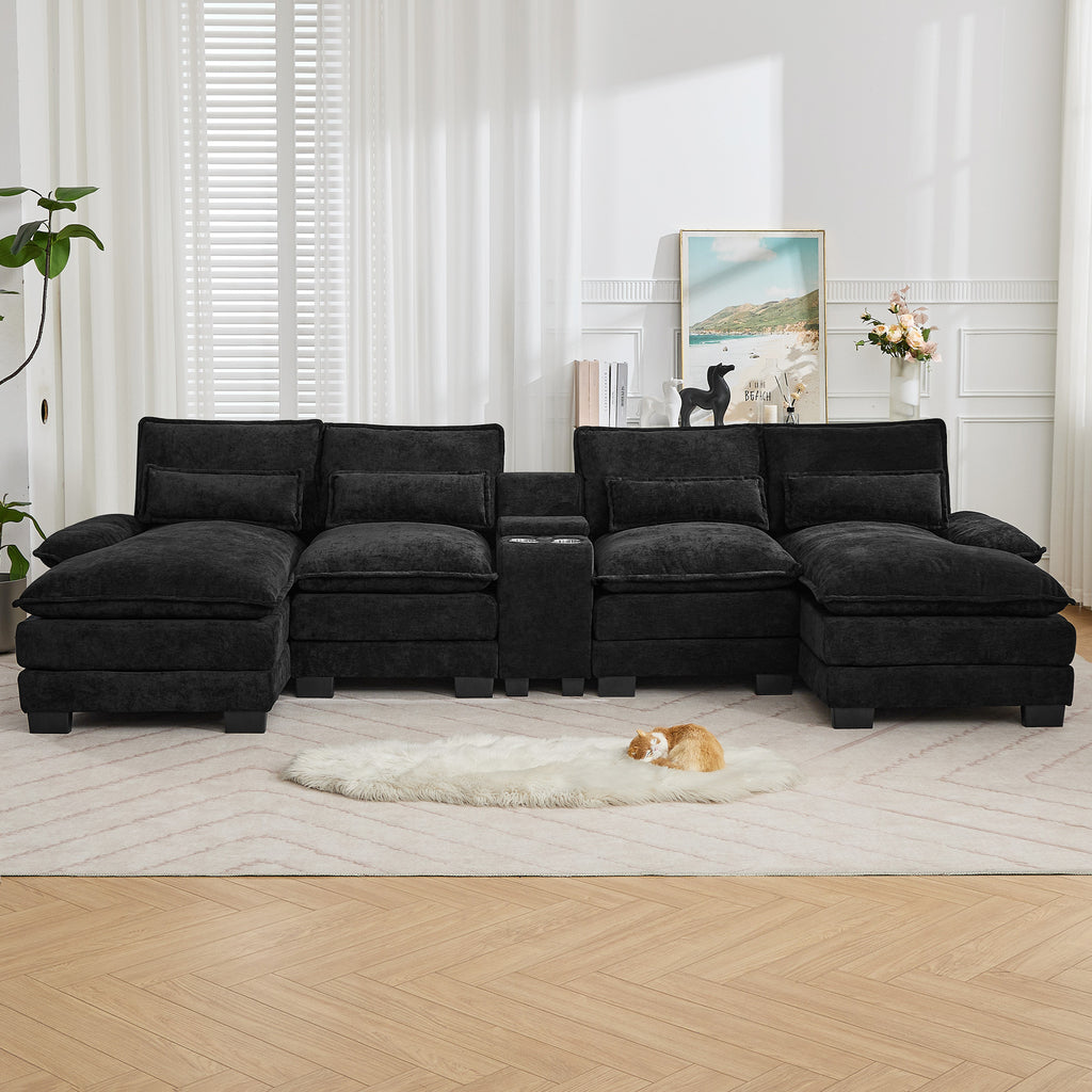 125'' U Shaped Cloud Modular Sectional Sofa with Chaise Lounges, Chenille Upholstered Comfy Couch with Storage Console, USB Charging Ports & Cup Holders, Modern Deep Seat Sofa for Living Room