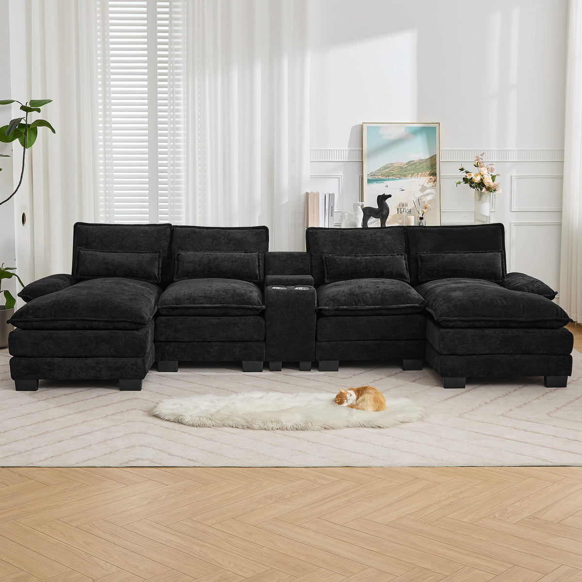 125'' U Shaped Cloud Modular Sectional Sofa with Chaise Lounges, Chenille Upholstered Comfy Couch with Storage Console, USB Charging Ports & Cup Holders, Modern Deep Seat Sofa for Living Room