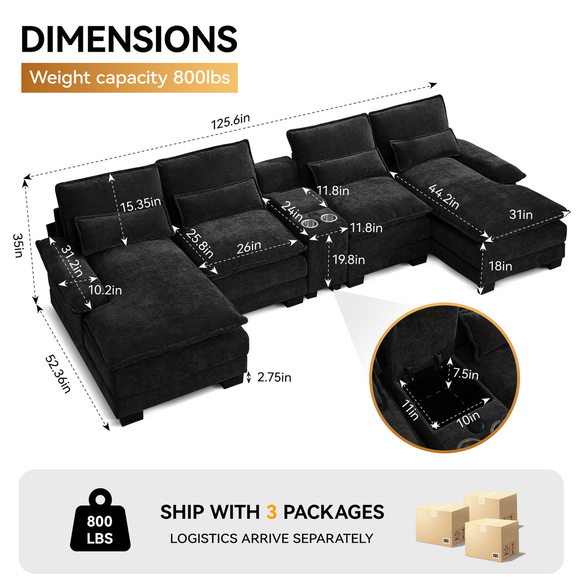 125'' U Shaped Cloud Modular Sectional Sofa with Chaise Lounges, Chenille Upholstered Comfy Couch with Storage Console, USB Charging Ports & Cup Holders, Modern Deep Seat Sofa for Living Room