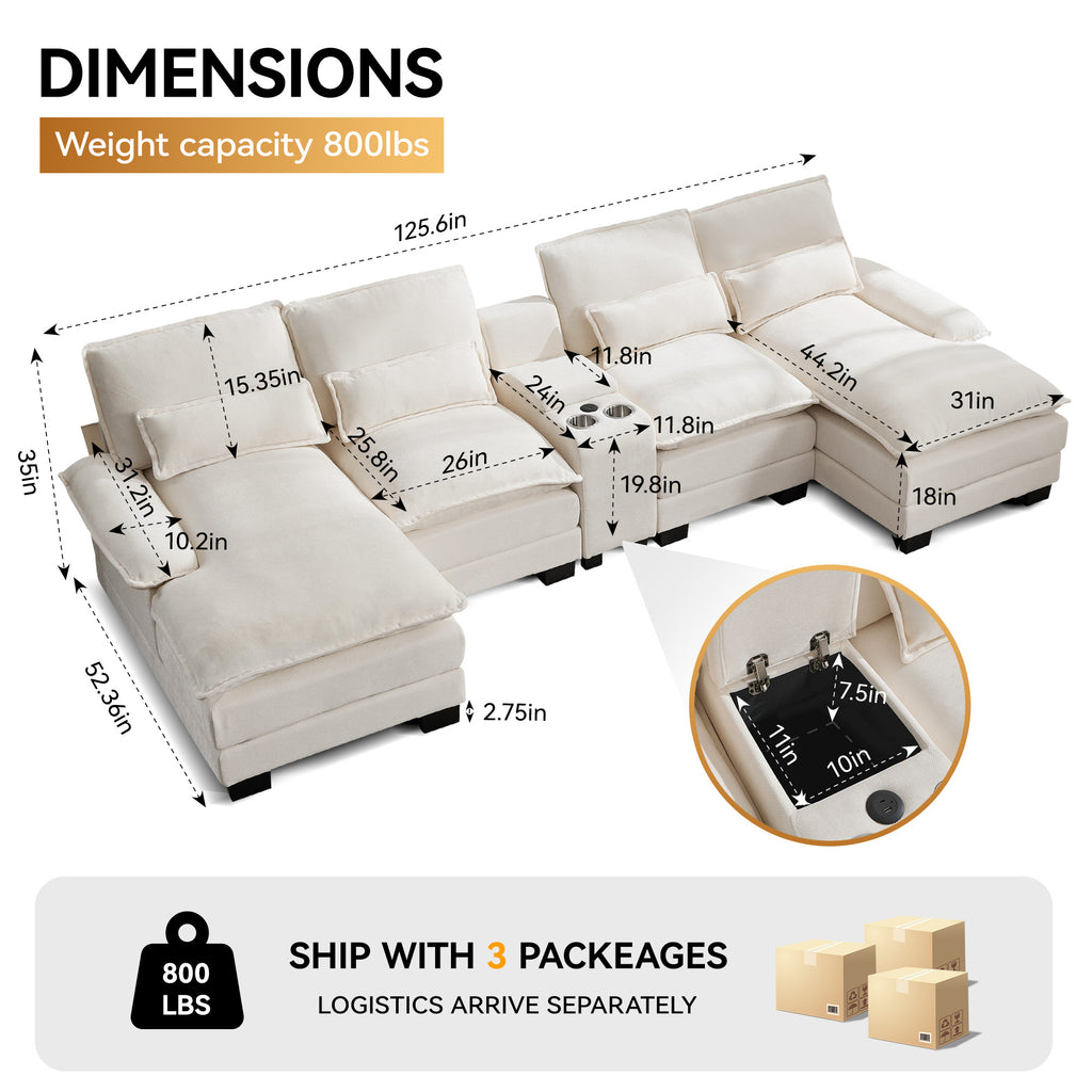 U Shaped Cloud Modular Sofa with Chaise Lounges，Beige