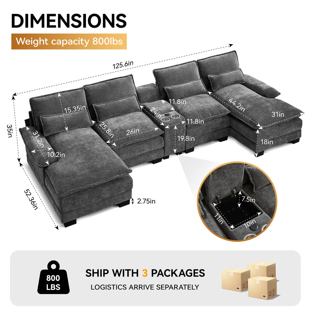 125'' U Shaped Cloud Modular Sectional Sofa with Chaise Lounges, Chenille Upholstered Comfy Couch with Storage Console, USB Charging Ports & Cup Holders, Modern Deep Seat Sofa for Living Room