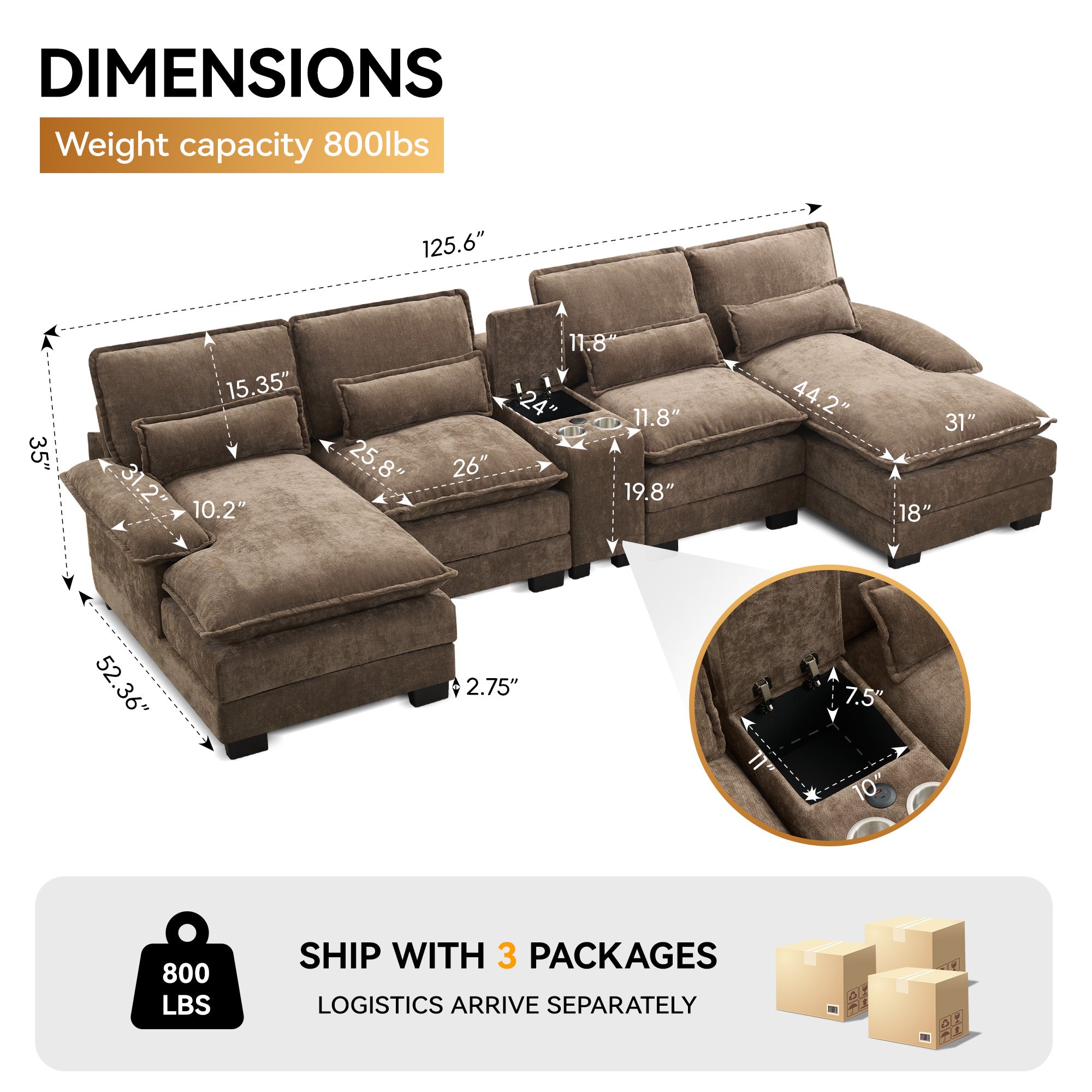 U Shaped Cloud Modular Sofa with Chaise Lounges，Brown