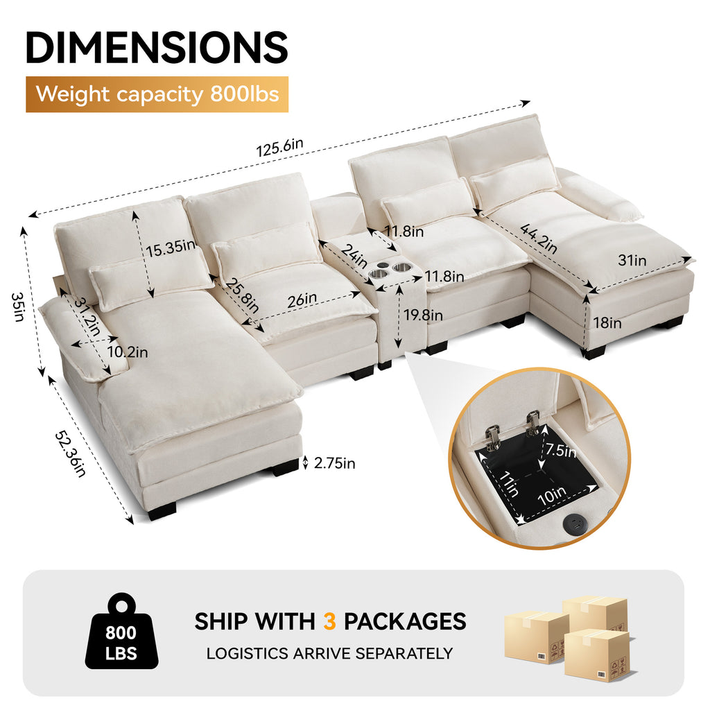 125'' U Shaped Cloud Modular Sectional Sofa with Chaise Lounges, Chenille Upholstered Comfy Couch with Storage Console, USB Charging Ports & Cup Holders, Modern Deep Seat Sofa for Living Room