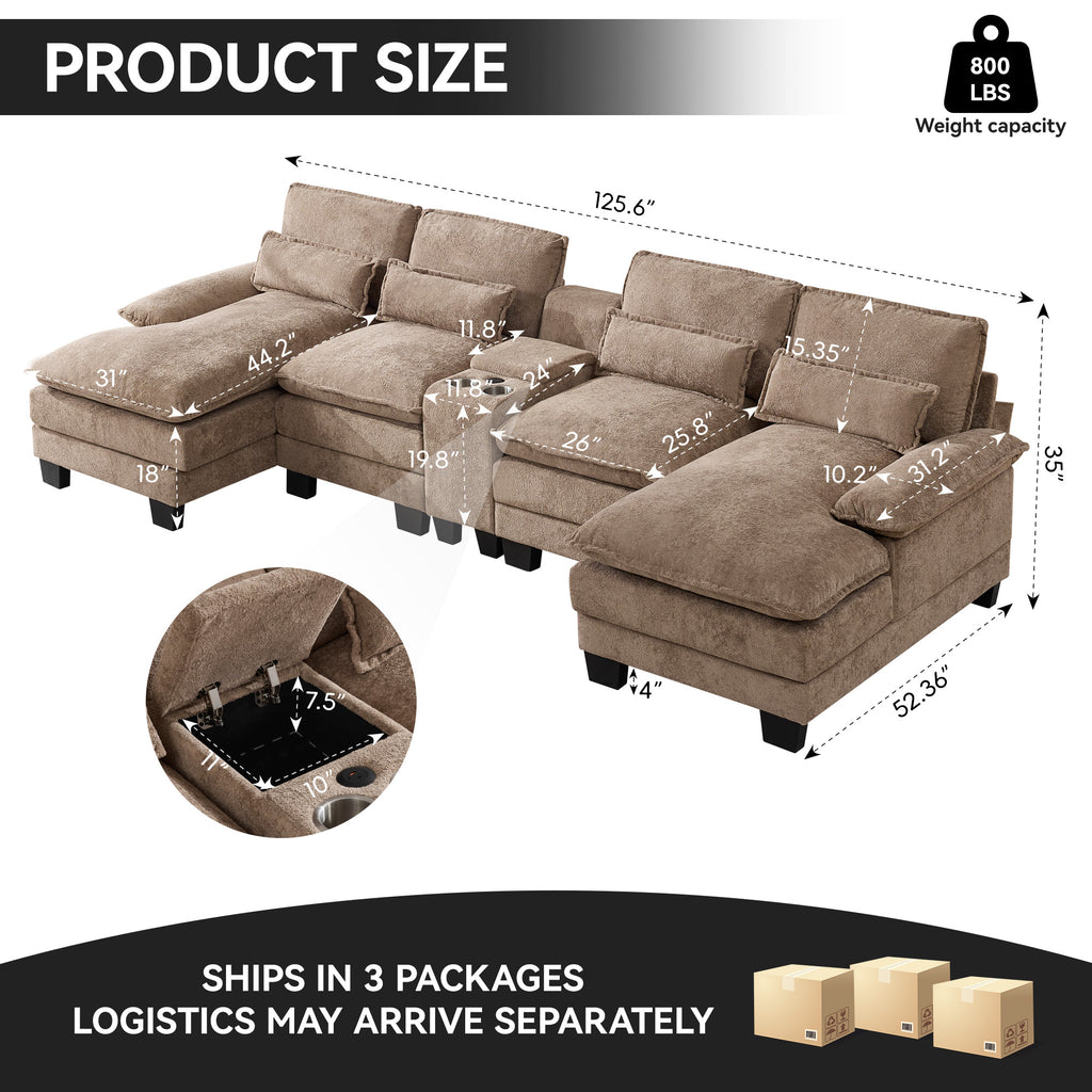 U Shaped Cloud Modular Sofa with Chaise Lounges，Camel