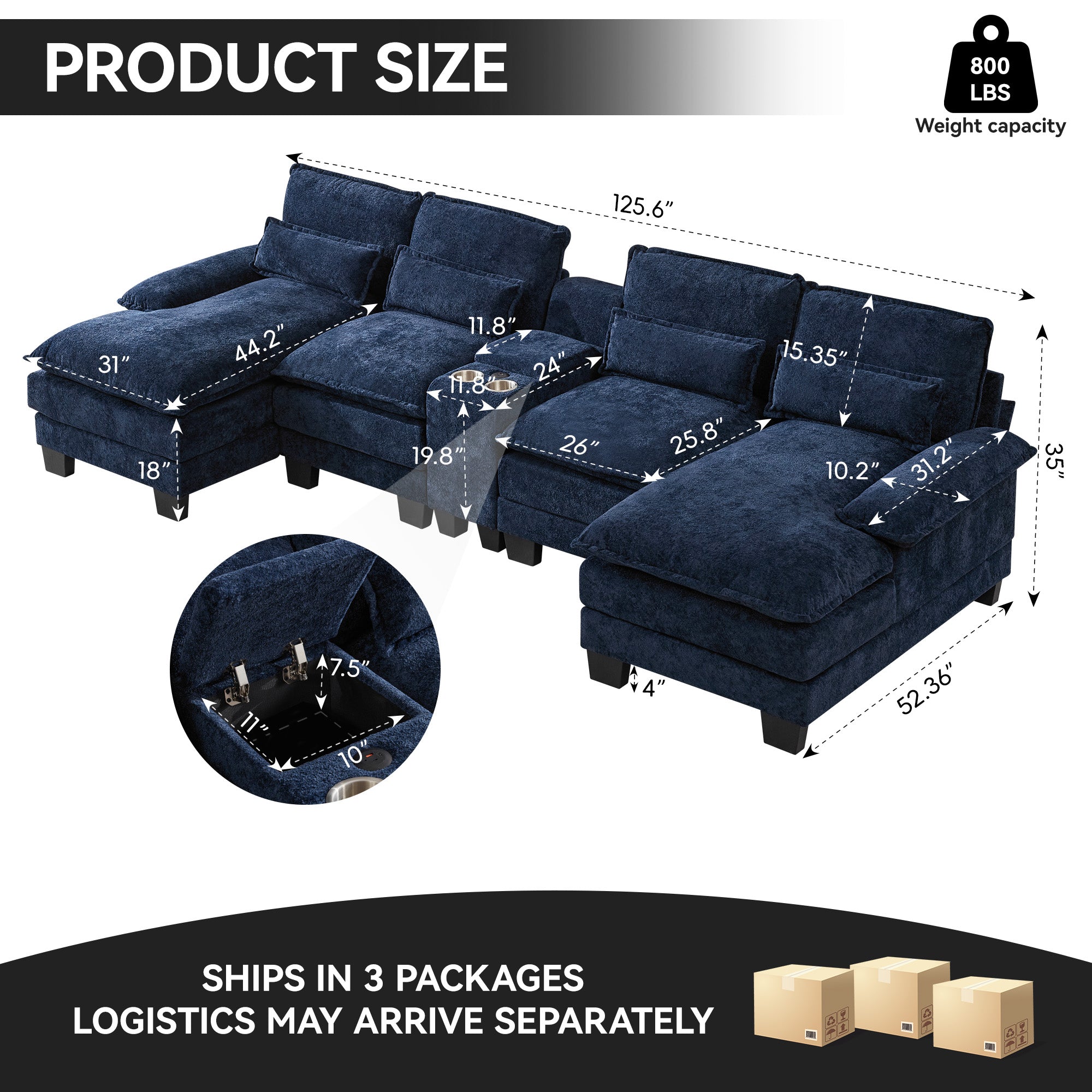 U Shaped Cloud Modular Sofa with Chaise Lounges，Navy