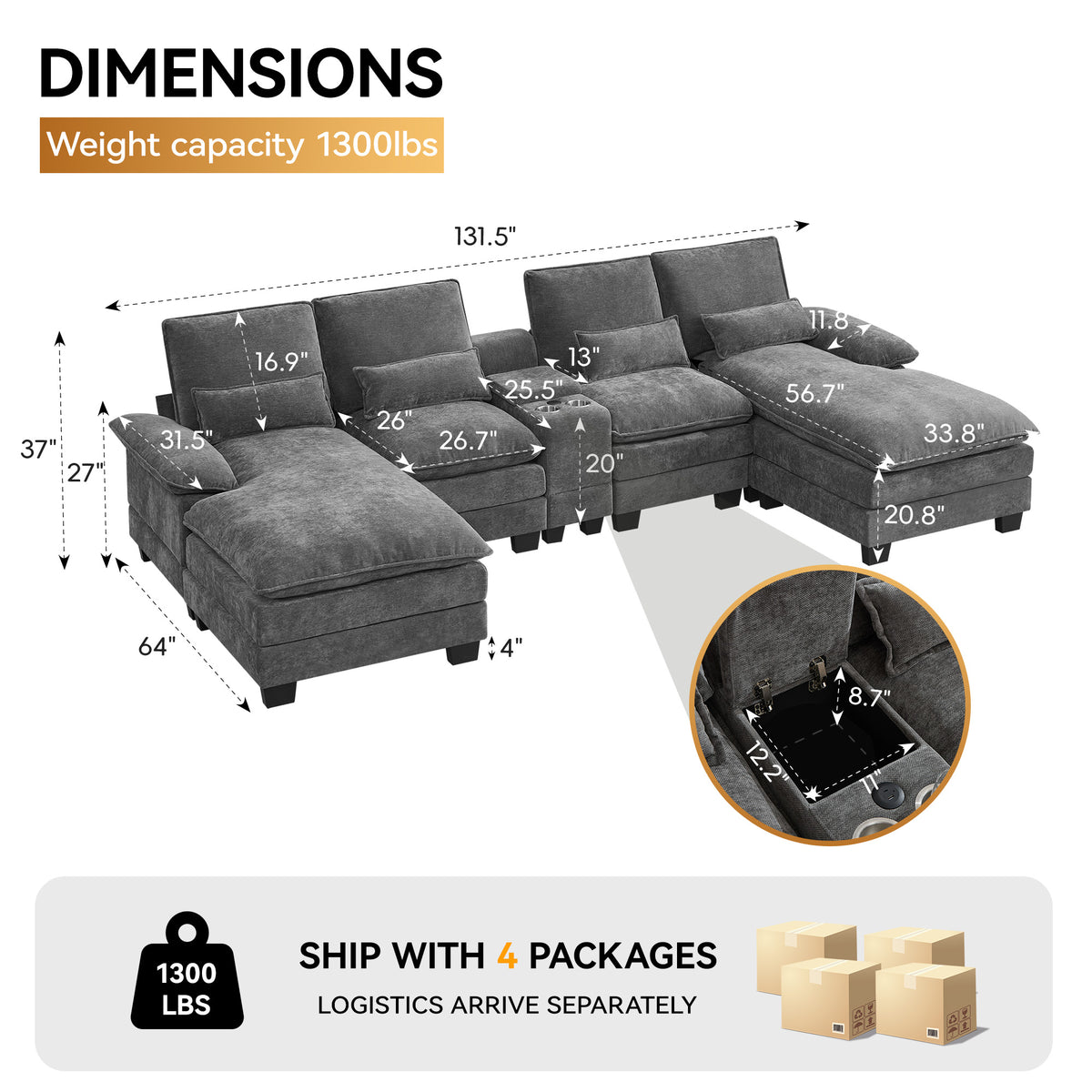 125'' U Shaped Cloud Modular Sectional Sofa with Chaise Lounges, Chenille Upholstered Comfy Couch with Storage Console, USB Charging Ports & Cup Holders, Modern Deep Seat Sofa for Living Room