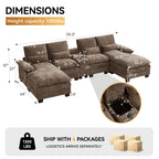 125'' U Shaped Cloud Modular Sectional Sofa with Chaise Lounges, Chenille Upholstered Comfy Couch with Storage Console, USB Charging Ports & Cup Holders, Modern Deep Seat Sofa for Living Room