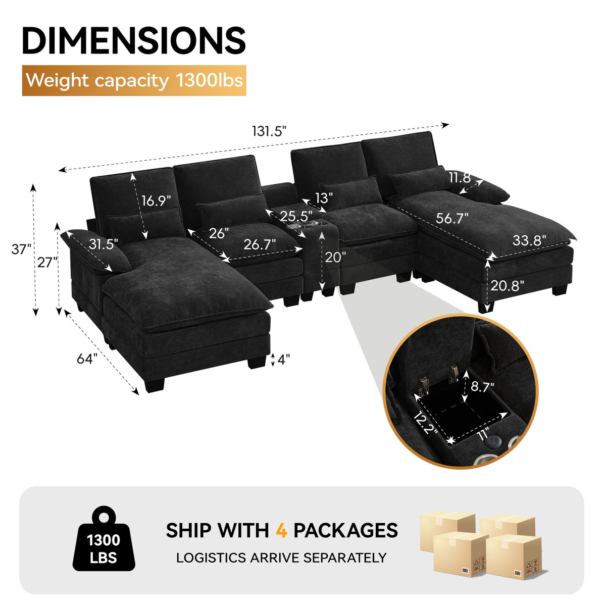 125'' U Shaped Cloud Modular Sectional Sofa with Chaise Lounges, Chenille Upholstered Comfy Couch with Storage Console, USB Charging Ports & Cup Holders, Modern Deep Seat Sofa for Living Room