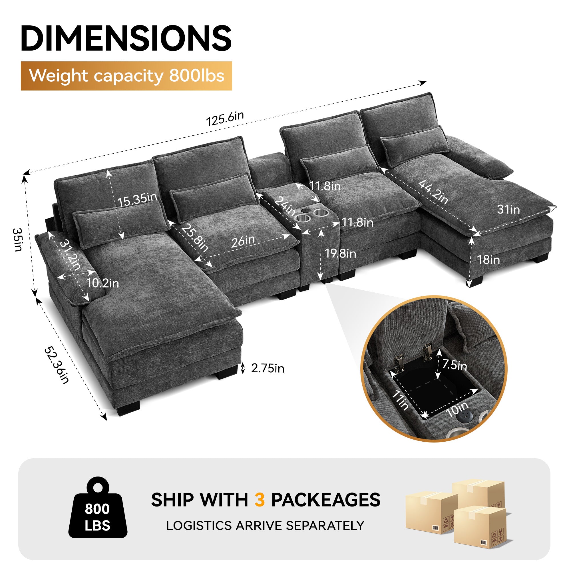 U Shaped Cloud Modular Sofa with Chaise Lounges，Gray