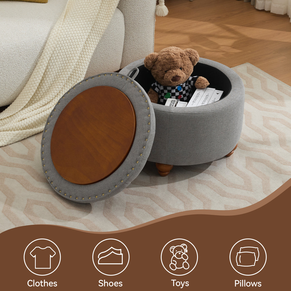 24'' Round Ottoman with Storage, Modern Tufted Fabric Storage Ottoman with Removable Top for Living Room, Bedroom, Light Gray