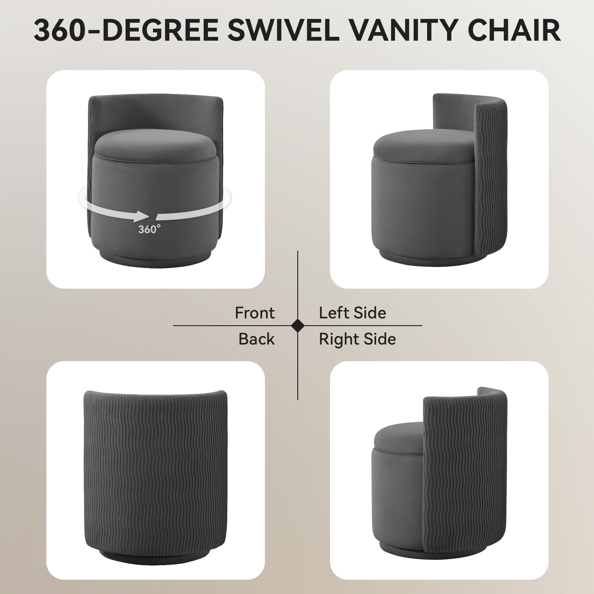 Vanity Chair with Storage，Velvet, Gray