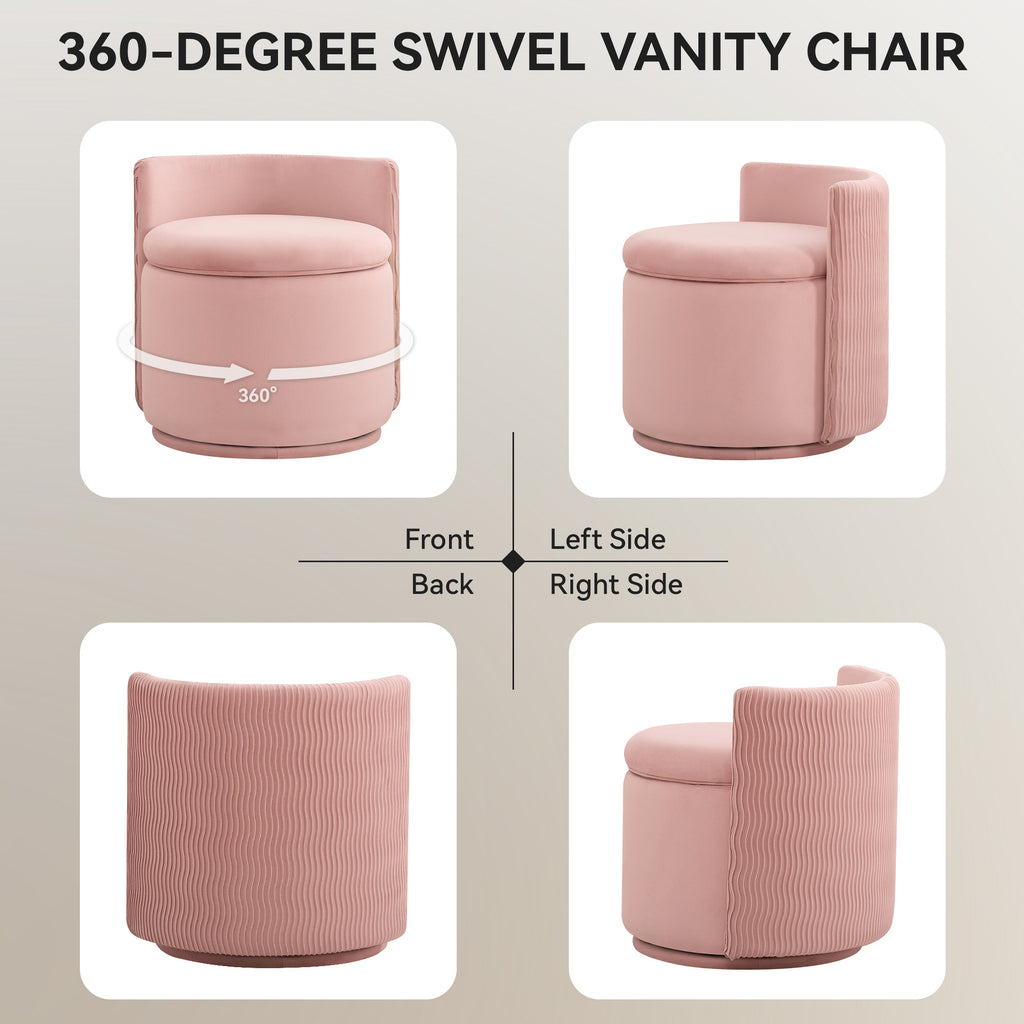 Velvet Swivel Accent Chair with Storage, 360° Vanity Makeup Chair with Wave Back, No Assembly Comfy Single Sofa Chair, Small Accent Stool for Bedroom, Dressing, Living Room