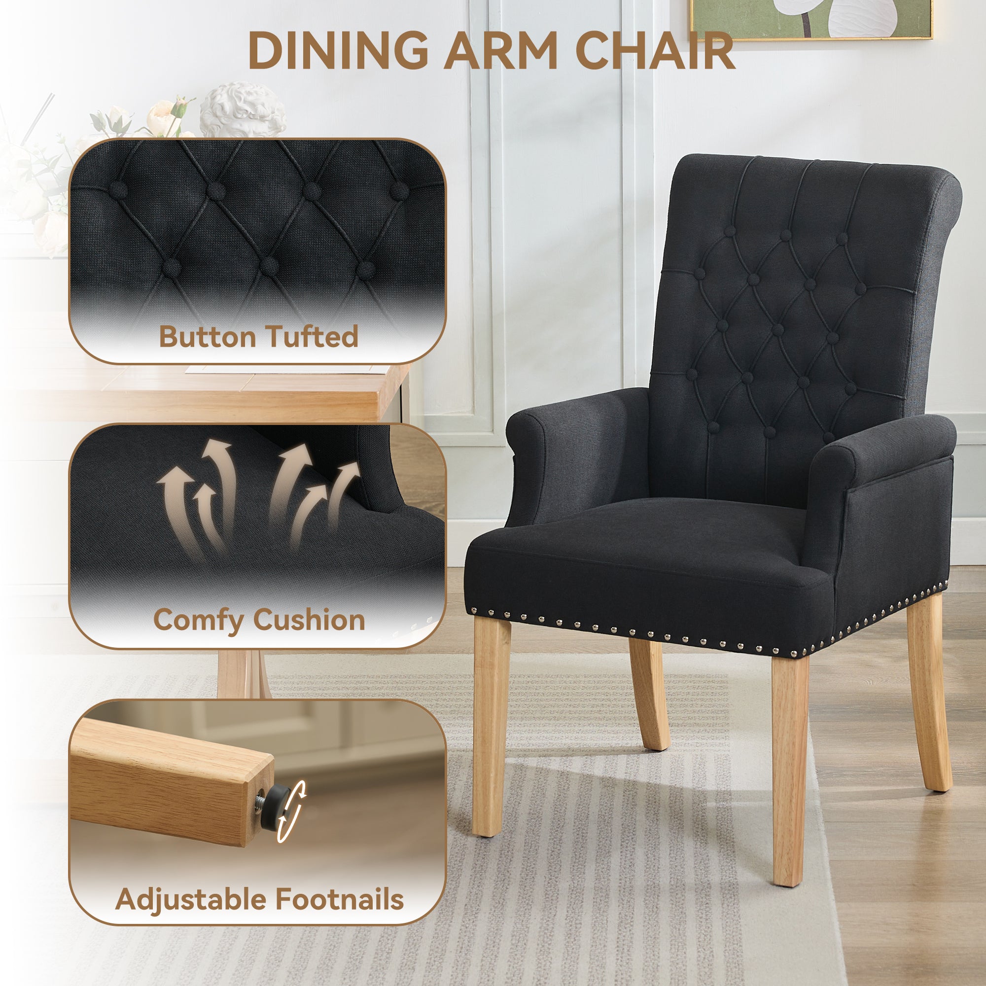 Fabric Dining Chair with Arms，Black