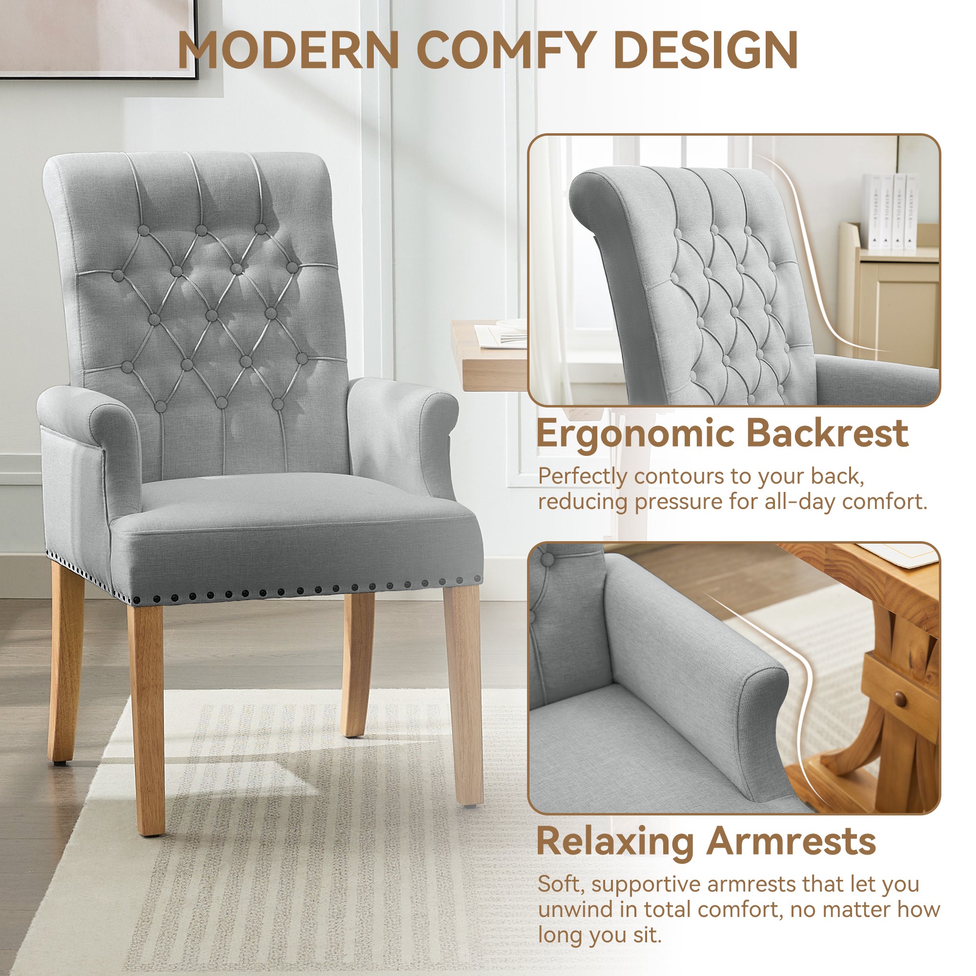 Fabric Dining Chair with Arms，Light Gray
