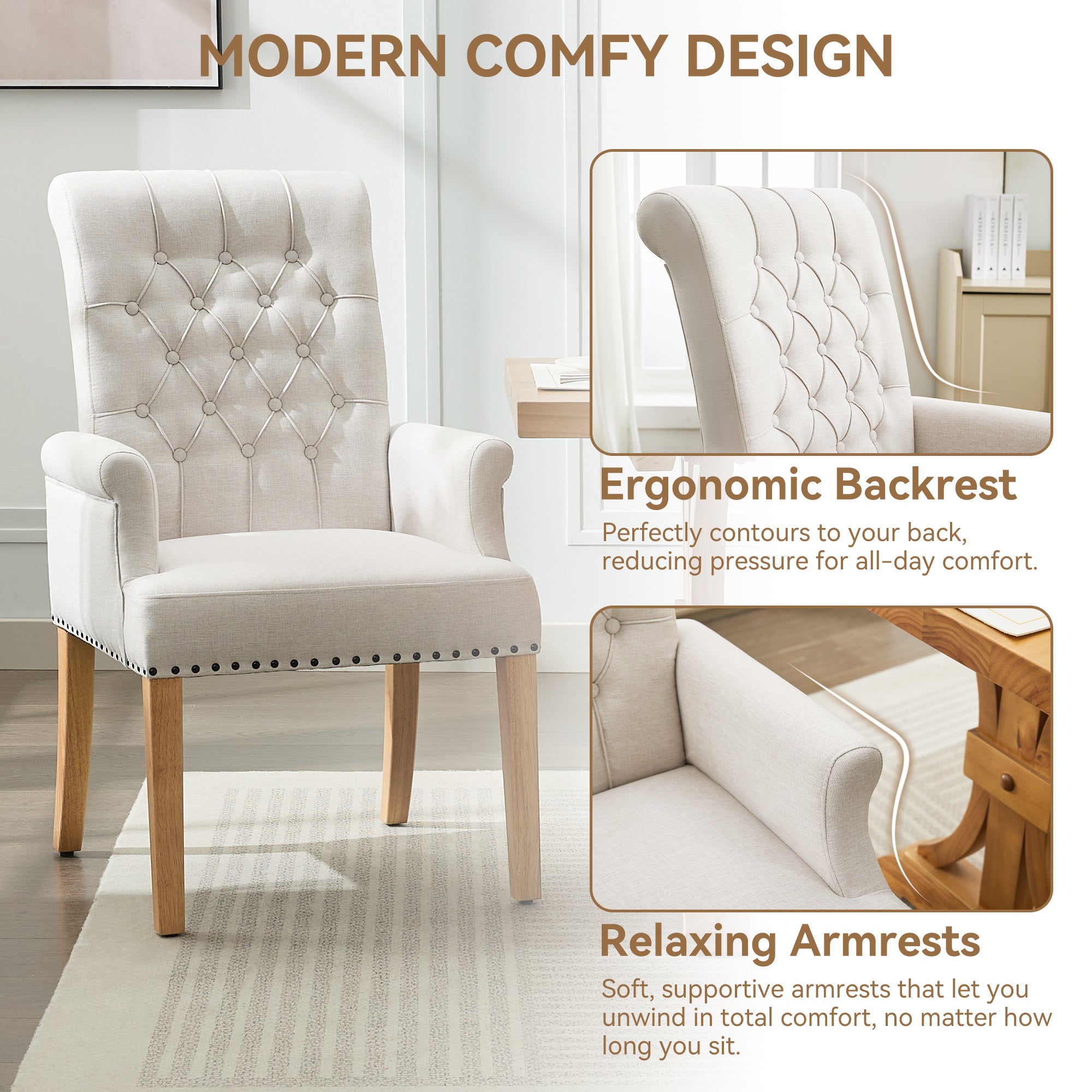 Fabric Dining Chair with Arms，Beige