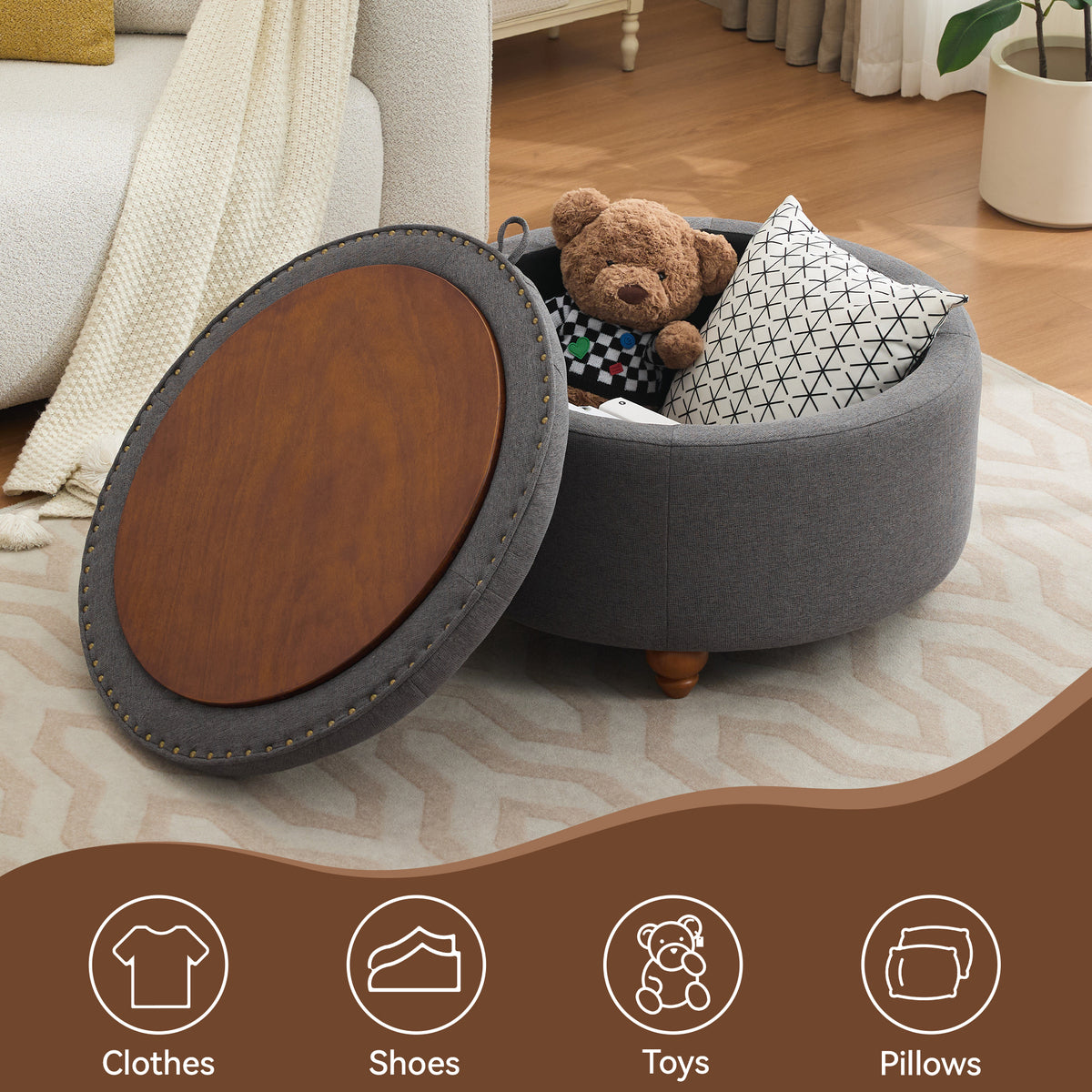30'' Round Ottoman with Storage, Modern Tufted Storage Ottoman with Removable Top for Living Room, Bedroom, Drak Gray