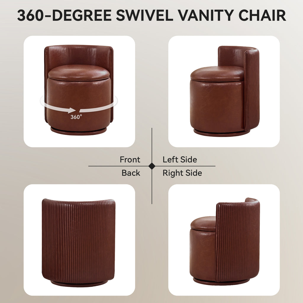 Vanity Chair with Storage，Leather, Red