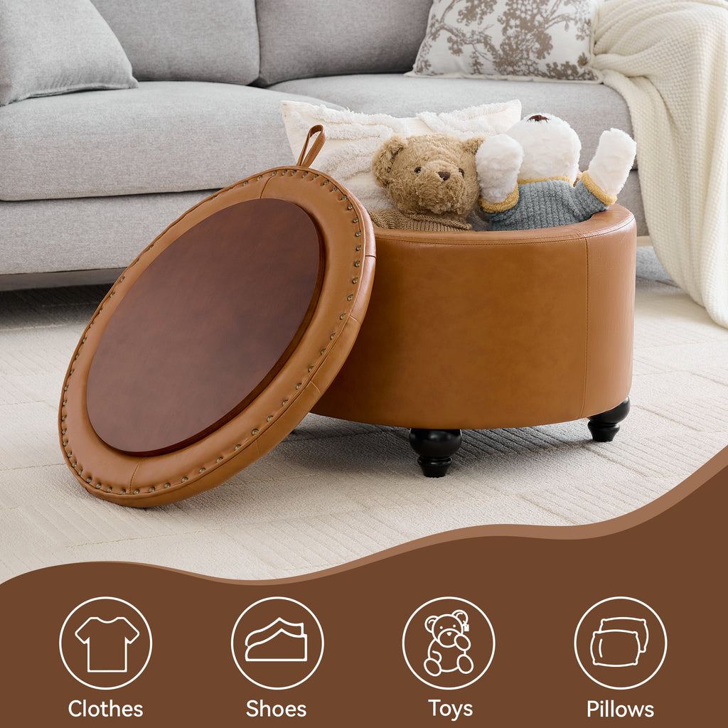 HASLE 24Inch Round Storage Ottoman with Tray, Modern Tufted Leather Circle Coffee Table with Storage, Upholstered Ottoman with Removable Top for Living Room, Bedroom, Leather Brown