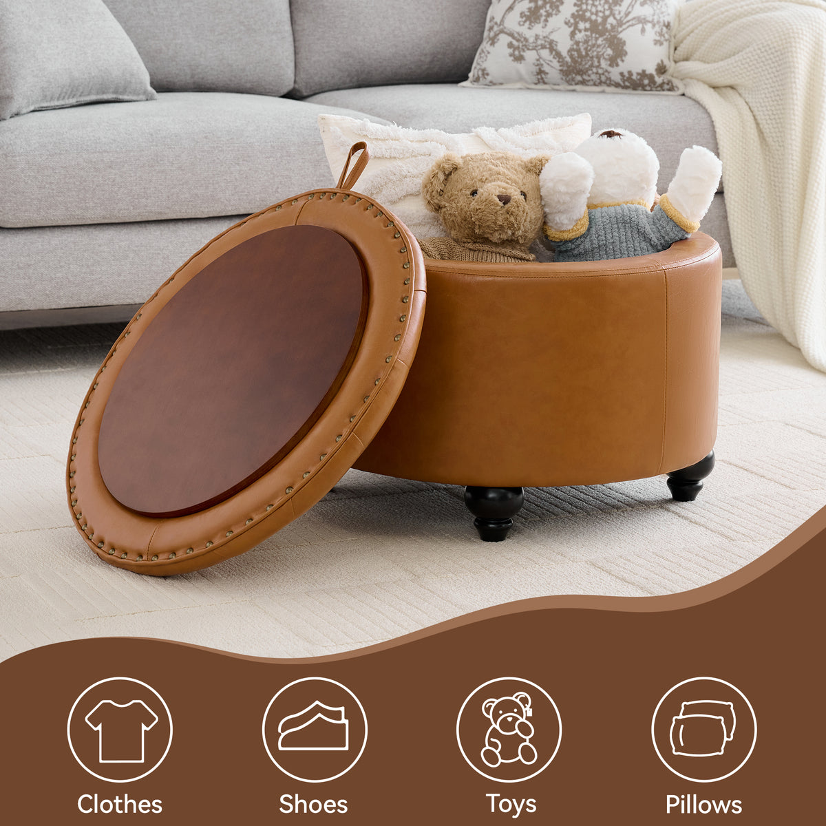 HASLE 24Inch Round Storage Ottoman with Tray, Modern Tufted Leather Circle Coffee Table with Storage, Upholstered Ottoman with Removable Top for Living Room, Bedroom, Leather Brown