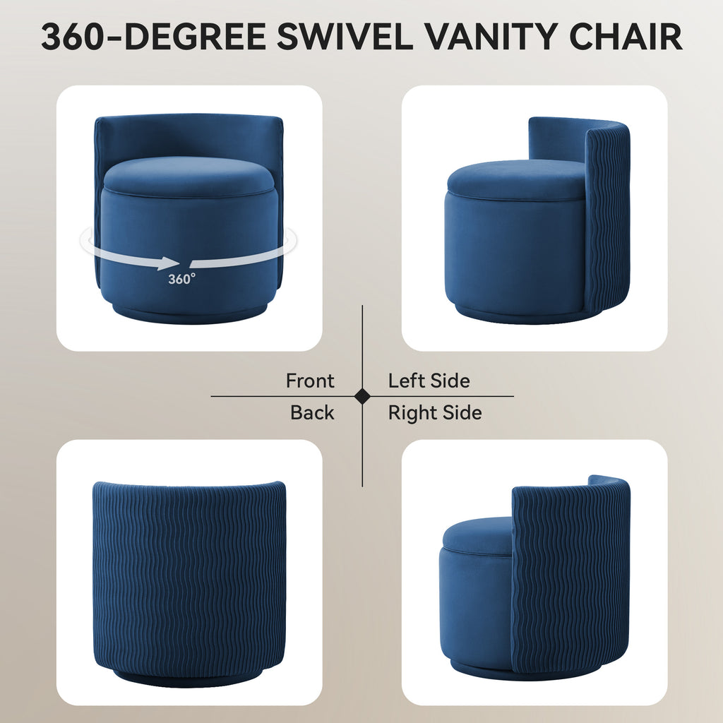 Velvet Swivel Accent Chair with Storage, 360° Vanity Makeup Chair with Wave Back, No Assembly Comfy Single Sofa Chair, Small Accent Stool for Bedroom, Dressing, Living Room