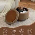 24'' Round Ottoman with Storage, Modern Tufted Fabric Storage Ottoman with Removable Top for Living Room, Bedroom, Brown