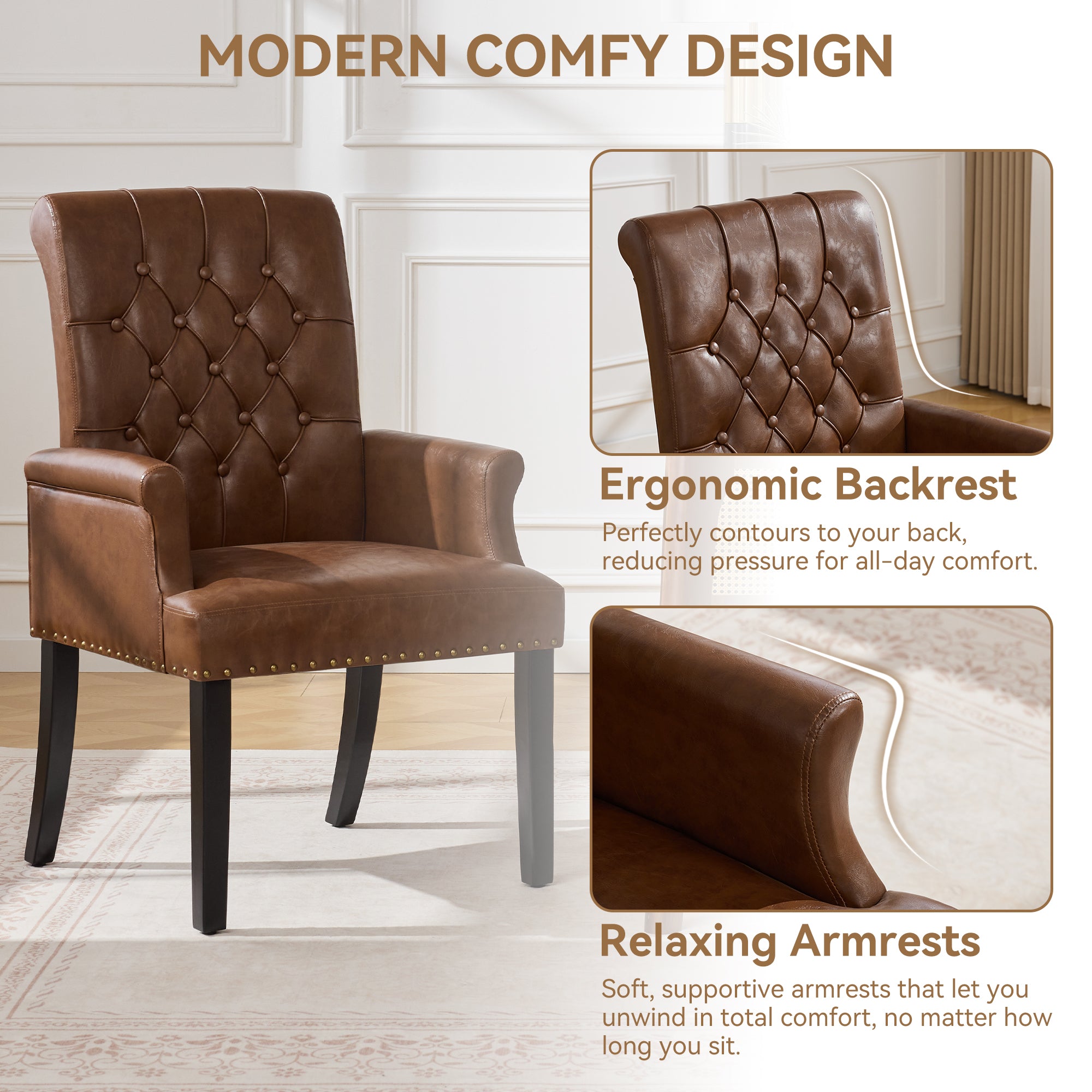 PU Leather Dining Chair with Arms, Brown