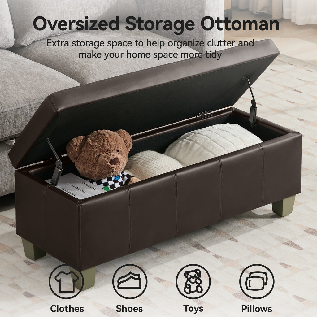 Faux Leather Storage Ottoman Bench, Rectangle Upholstered Storage Bench with Wooden Legs, Stitch Tufted Bench with Storage for Bedroom, Living Room, Entryway