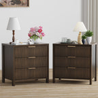 Fluted Nightstand with 3 Drawers, Mid-Century Modern Bedside Table, 23.7'' Wide Wood End Table for Bedroom, Walnut Finish