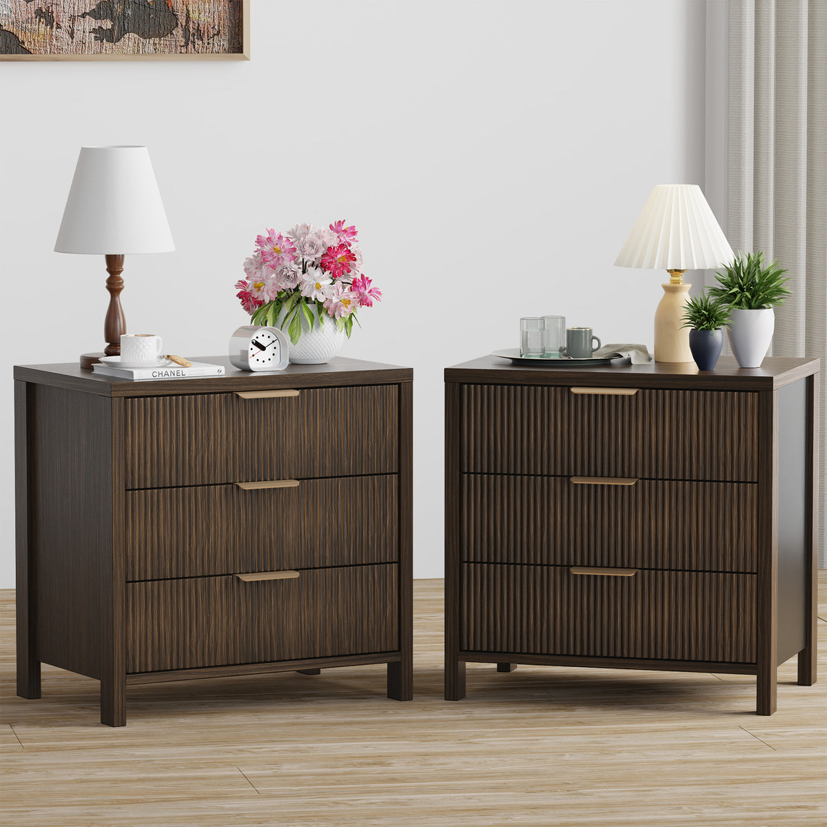 Fluted Nightstand with 3 Drawers, Mid-Century Modern Bedside Table, 23.7'' Wide Wood End Table for Bedroom, Walnut Finish