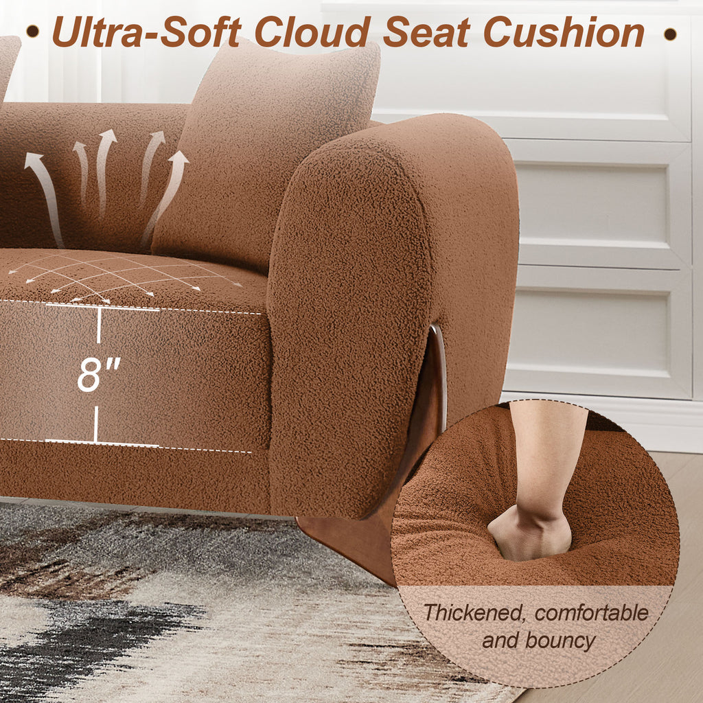87" Boucle Couch with Solid Wood Legs,Camel