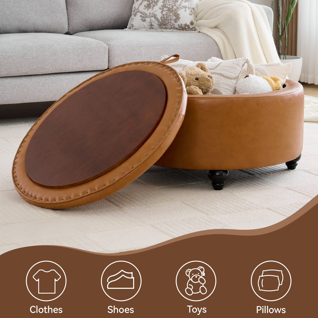 HASLE 30Inch Round Storage Ottoman with Tray, Modern Tufted Leather Circle Coffee Table with Storage, Upholstered Ottoman with Removable Top for Living Room, Bedroom, Leather Brown