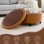 HASLE 30Inch Round Storage Ottoman with Tray, Modern Tufted Leather Circle Coffee Table with Storage, Upholstered Ottoman with Removable Top for Living Room, Bedroom, Leather Brown
