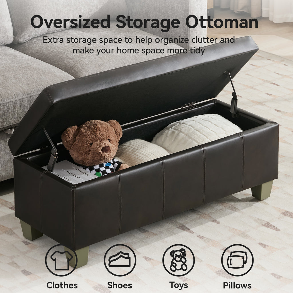 Faux Leather Storage Ottoman Bench, Rectangle Upholstered Storage Bench with Wooden Legs, Stitch Tufted Bench with Storage for Bedroom, Living Room, Entryway