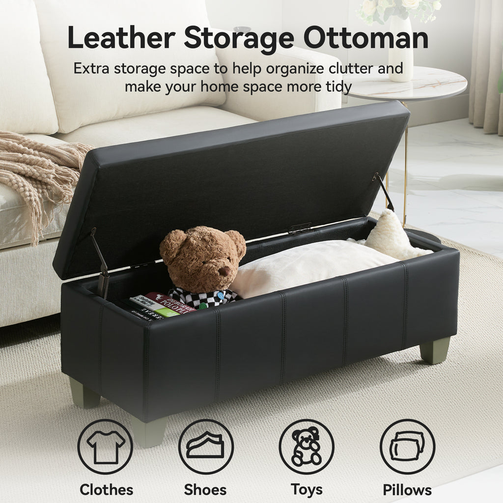 Faux Leather Storage Ottoman Bench, Rectangle Upholstered Storage Bench with Wooden Legs, Stitch Tufted Bench with Storage for Bedroom, Living Room, Entryway