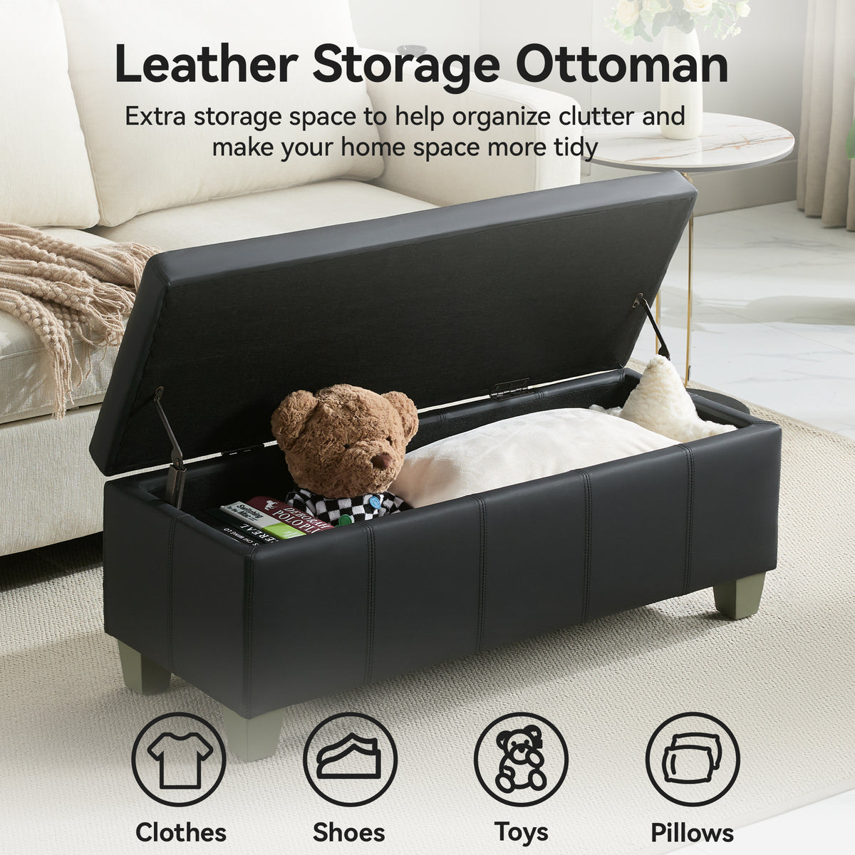 Faux Leather Storage Ottoman Bench, Rectangle Upholstered Storage Bench with Wooden Legs, Stitch Tufted Bench with Storage for Bedroom, Living Room, Entryway