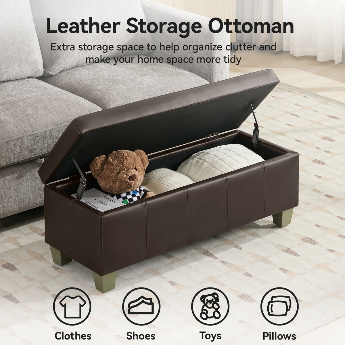 Faux Leather Storage Ottoman Bench, Rectangle Upholstered Storage Bench with Wooden Legs, Stitch Tufted Bench with Storage for Bedroom, Living Room, Entryway
