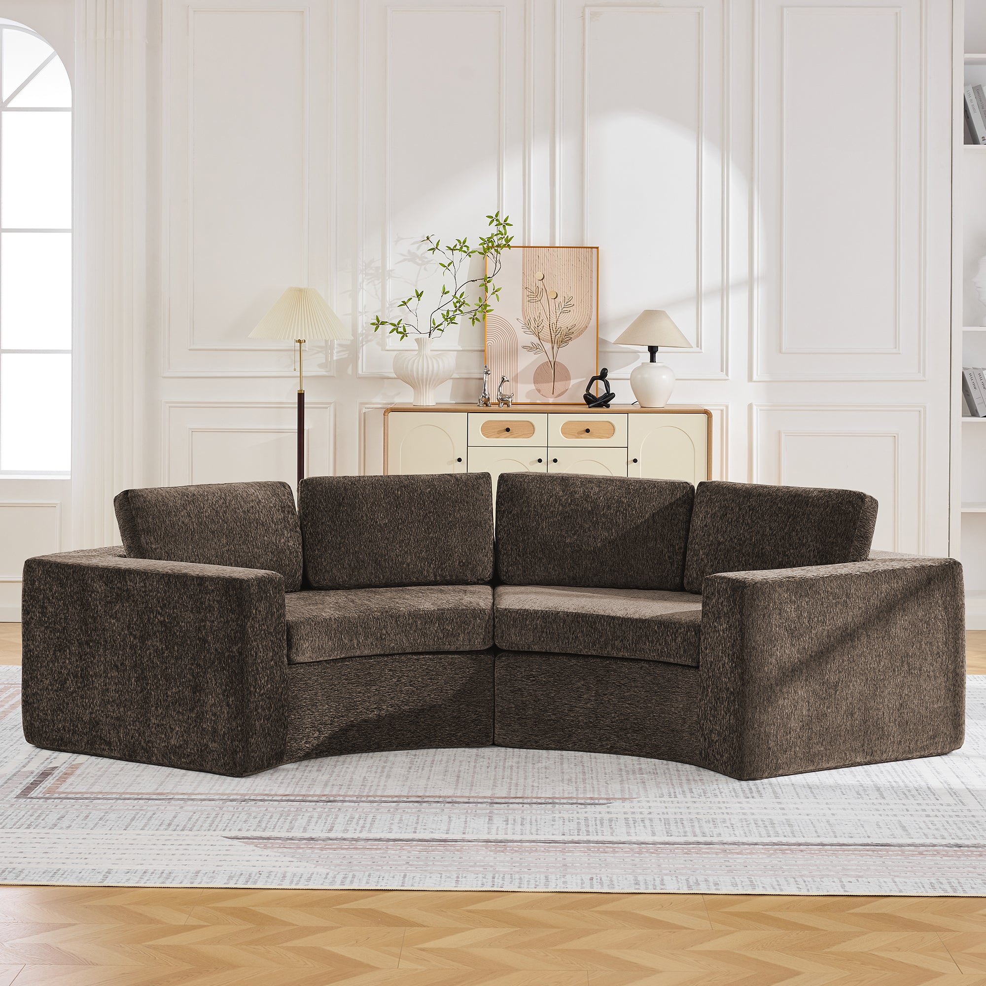 Curved Compression Sectional Couch，4 Seater，Brown